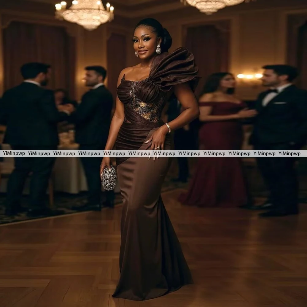 Aso Ebi – robe de soirée marron pour femmes, asymétrique épaule dénudée, plissée, robes de fête de mariage africaines, longue robe d'occasion formelle personnaliséeAso Ebi robes de soirée marron pour les femmes une épa
