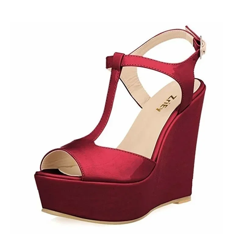 sandales à talons compensés pour femmes, escarpins à plateforme en cuir verni, bout ouvert de 14cm, lanière à la cheville, sexy, chaussures de fête et de mariage, nouvelle collection été 2025
