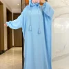 abaya musulman solide coton pull deux chapeaux femmes eid à capuche longue robe maxi turquie caftan robe arabe islamique hijab dubaï vêtements