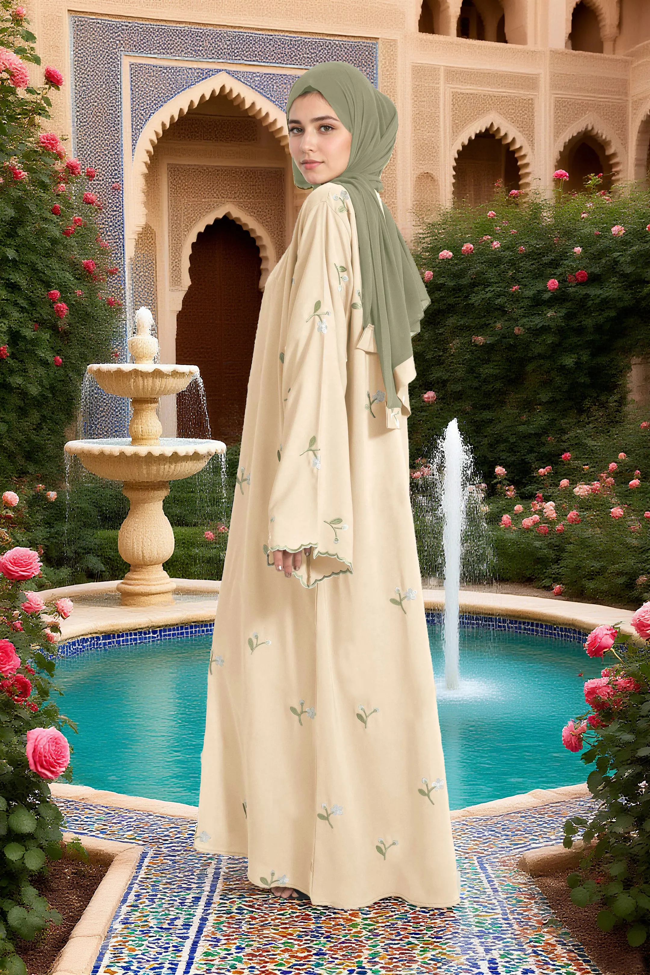 Abaya musulman élégant pour femmes musulmanes, Design brodé abricot clair islamique, matériau confortable, parfait pour les marchés du moyen-orient, nouvelle collection 2025