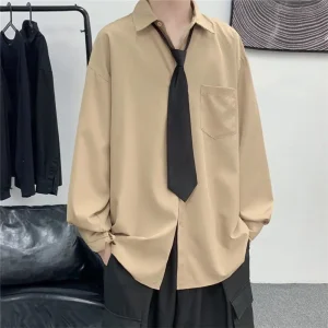 Chemise de couleur unie avec cravate printemps automne nouveau Style Hong Kong Style rétro polyvalent à manches longues hommes haut décontracté ample tendance