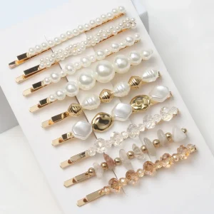 Paquet de 9 pinces à cheveux en perles pour femmes et filles, jolies diapositives de cheveux en perles scintillantes, épingles à cheveux en perles, Barrettes en or faites à la main