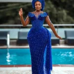 Aso Ebi robe de soirée perles longue élégante robes de bal nigérianes illusion pure bleu Royal robes de bal florales avec manches