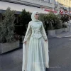 ssytens robes de soirée modestes avec hijab à manches longues cape robe de soirée de mariage musulmane à la main fleur robes de soirée personnalisées