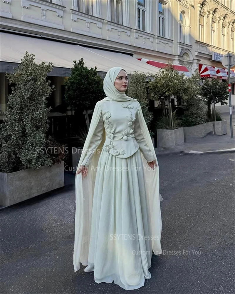 ssytens robes de soirée modestes avec hijab à manches longues cape robe de soirée de mariage musulmane à la main fleur robes de soirée personnalisées
