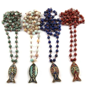 Bijoux tribaux bohèmes pour femmes, chapelet de charbon semi-fier, pendentif poisson JO4 cm, collier ethnique, mode, 6mm