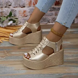 Femmes compensées plate-forme sandales été nouveau Sexy couleur unie talons hauts bout ouvert côté fermeture éclair antidérapant marche chaussures de créateur