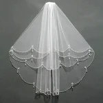 Deux couches coude longueur voile perles bord mariage voile de mariée court luxe blanc ivoire mariée voiles