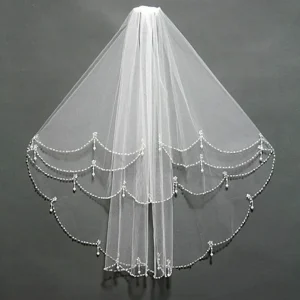 Deux couches coude longueur voile perles bord mariage voile de mariée court luxe blanc ivoire mariée voiles