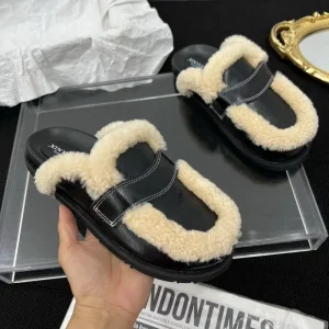 Pantoufles plates en coton à plateforme pour femmes, Mules en fourrure, chaussures d&rsquo;hiver, diapositives chaudes en peluche, tendance, en cuir souple, décontractées, nouvelle collection 2025