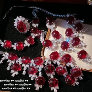 Ensemble de bijoux en argent S925 pour femmes, collier géométrique en rubis de laboratoire, boucles d&rsquo;oreilles, bague, Bracelet, bijoux de fête élégants, bijoux de mariage