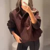 veste portefeuille marron tendance pour femmes, col tricoté solide et poignets, cordon de serrage à la taille, haut confortable et décontracté, nouvelle collection 20225, chic, streetwear