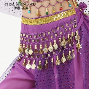 Chaîne de taille de danse du ventre, ceinture de danse indienne Bollywood avec pièces de monnaie en métal, écharpe de hanche rouge, accessoires de danse pour enfants et filles et femmes