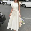 Élégant solide ceinture mouche manches longue robe femmes mode col rond plissé taille haute a-ligne Robes dame été Chic Robes décontractées