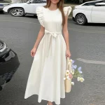 Élégant solide ceinture mouche manches longue robe femmes mode col rond plissé taille haute a-ligne Robes dame été Chic Robes décontractées