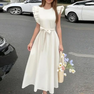 Élégant solide ceinture mouche manches longue robe femmes mode col rond plissé taille haute a-ligne Robes dame été Chic Robes décontractées