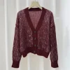 cardigan pour femmes, tricoté élastique, col en v, haut à manches longues, décoration à paillettes, pull pour femme, manteau, nouvelle collection automne 2025