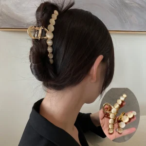 Épingles à cheveux en perles métalliques pour femmes, élégantes, en pierre opale, griffe géométrique creuse, Barrette Vintage, accessoires pour cheveux