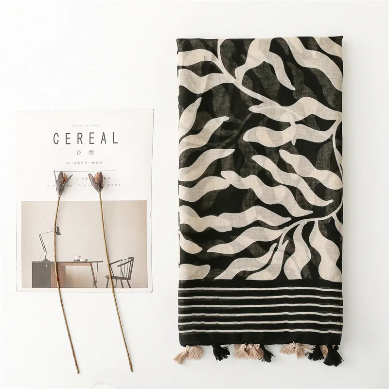 luxe femmes feuille écharpe été plage châle coton lin sentiment gland pashmina musulman hijab wrap dame viscose écharpe