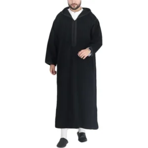 Robe musulmane noire à capuche pour hommes, robe arabe pour le Ramadan, Thobe Jubba, Kaftan islamique, Abaya de Dubaï, Vêtements turcs, Vêtements ethniques du Moyen-Orient