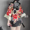kimono japonais pour femmes, robe de bain, vêtements de nuit, col en v, imprimé floral, nœud, taille façonnant, mini robe ample, manches longues, robe de nuit