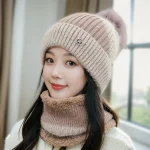 Chapeau dôme, casquette élastique et écharpe, costume boule en peluche, couleur contrastée, pull d&rsquo;hiver, Fibers acryliques, écharpe compacte tendance pour l&rsquo;extérieur