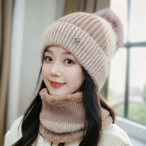Chapeau dôme, casquette élastique et écharpe, costume boule en peluche, couleur contrastée, pull d&rsquo;hiver, Fibers acryliques, écharpe compacte tendance pour l&rsquo;extérieur