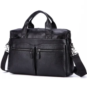 Sacs à main noirs en cuir véritable pour hommes, grands sacs en cuir de 14 pouces, sacs d&rsquo;affaires ordinateur portable Messenger sacs de voyage pour hommes sacs à bandoulière cartable