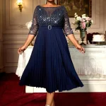 Corsage en maille à paillettes, robes trapèze plissées de grande taille pour femmes avec taille ceinturée pour les mariages d&rsquo;église ou les soirées élégantes