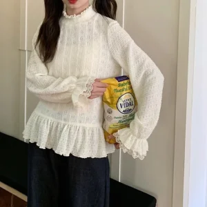 Chemise à Base de dentelle, nouveau Style d&rsquo;automne, douce et mignonne, coupe ample, col mi-haut, pull, haut polyvalent en dentelle