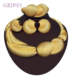 Grand ensemble de bijoux de luxe plaqué or 18 carats, grand collier, Bracelet épais, en forme de lune, Piercing, boucle d&rsquo;oreille, bague, cadeau de mariage pour femmes