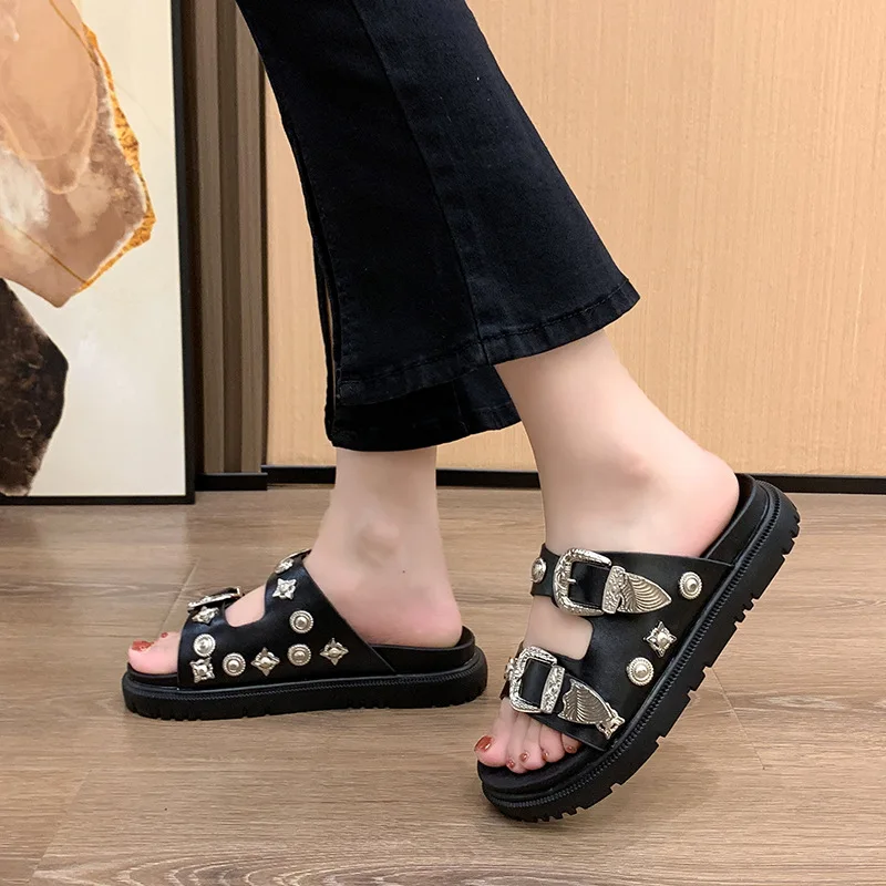 sandales noires pour femmes punk pantoufles cloutées boucle décor bout ouvert femmes chaussures plate forme confortable femmes chaussures de plage sandalias
