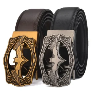 Ceinture à boucle automatique Vintage chauve-souris argent or pour hommes en cuir véritable grande taille grand 130 140 150 160 170cm marron noir ceintures 2024