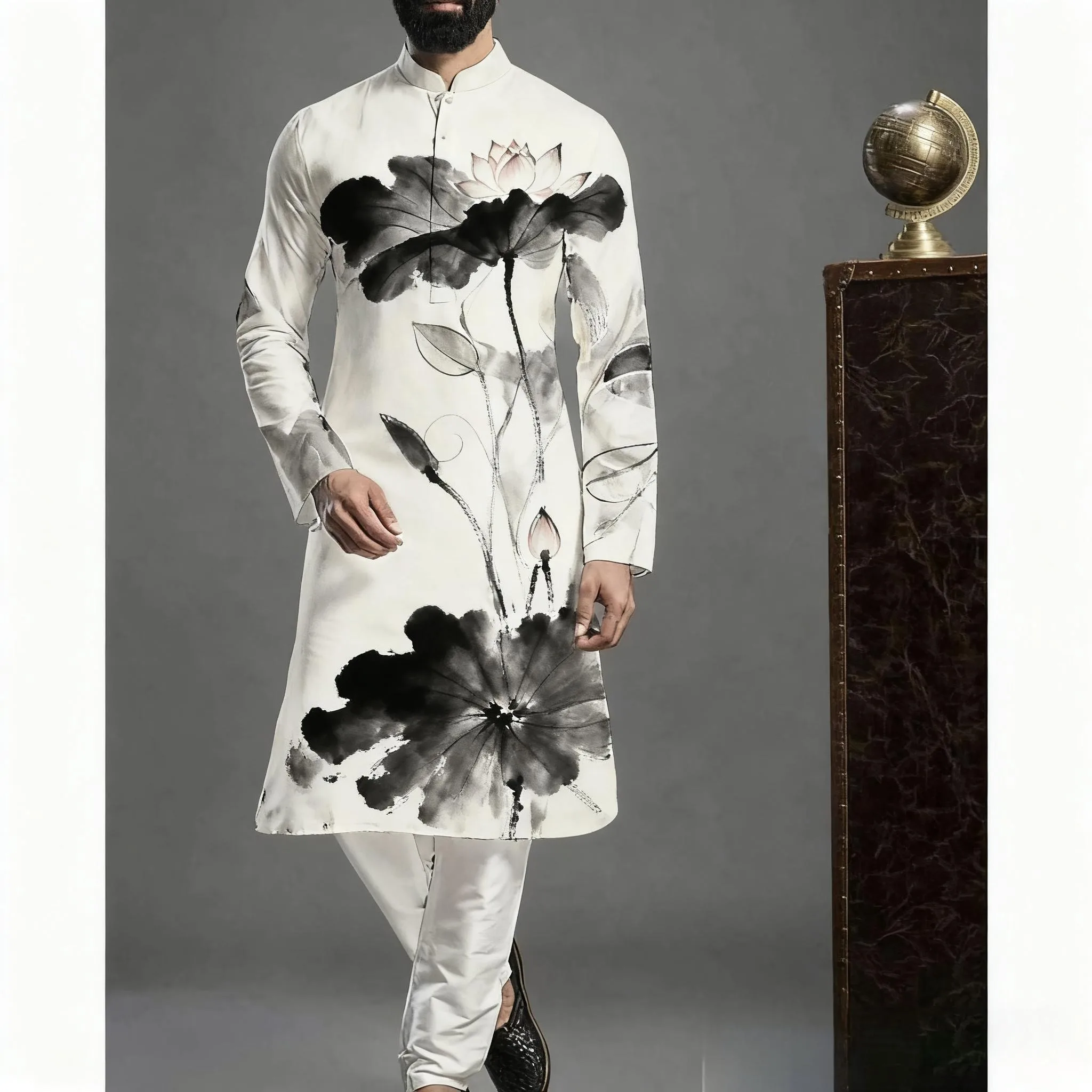 Abaya arabe islamique pour hommes, imprimé ethnique, col montant, chemise mi-longue pour jeunes, manteau de luxe, costume turc décontracté pour hommes Abaya arabe islamique pour hommes, imprimé ethnique, col montant, chemise mi-longue pour jeunes, manteau de luxe, costume turc décontracté pour hommes