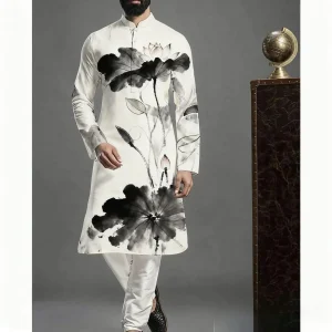 Abaya arabe islamique pour hommes, imprimé ethnique, col montant, chemise mi-longue pour jeunes, manteau de luxe, costume turc décontracté pour hommes