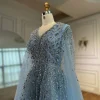 luxe saoudien arabe bleu perlé une ligne robe formelle avec manches cape serene hill 2025 la72968 personnalisé