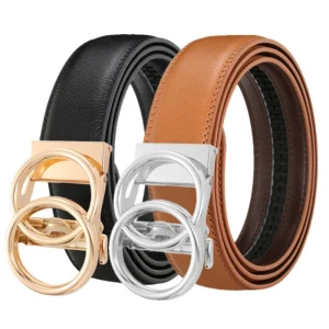 2025 Ceinture à boucle automatique à double anneau Ceinture en cuir pour hommes Ceinture en cuir de vache à la mode et simple Ceinture à boucle en alliage d&rsquo;or et d&rsquo;argent