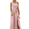 Robe de soirée longue formelle à lacets, asymétrique épaule dénudée, couleur unie