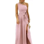 Robe de soirée longue formelle à lacets, asymétrique épaule dénudée, couleur unie