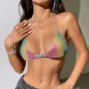 soutien gorge en strass coloré brillant pour femmes, haut d'été sexy, dos nu, décolleté en v profond, col licou, débardeur, mode fête, club, camisole