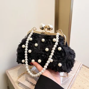 Pochette Rose élégante, sac à main à la mode pour fête de mariage, sac à Clip de luxe avec chaîne de perles, sacs à bandoulière polyvalents à coque