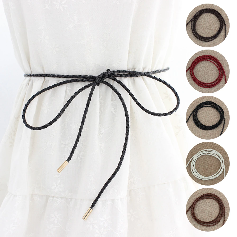 Ceinture fine tressée en cuir, simple, décorative, nouée, longue, pour robe, vintage, manteau, sangle de taille, nouvelle collection