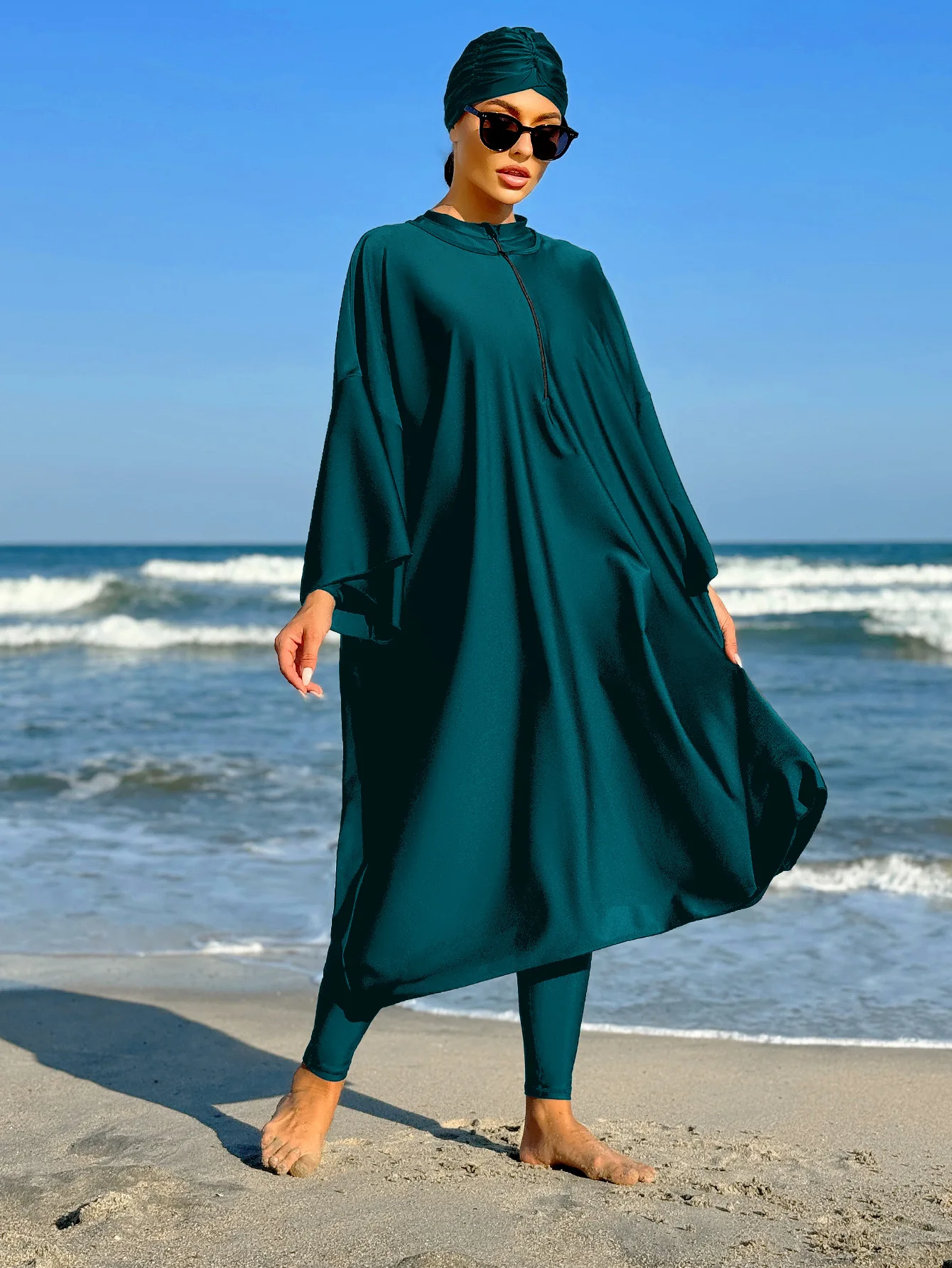 nouveau burkini musulman tout couvert maillot de bain maillots de bain amples pour les femmes couleur unie robe à manches longues et maillot de bain une pièce avec hijab