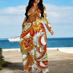 Robe longue ornée Paisley à manches longues et col en V – Vêtements de soirée Boho élégants pour femmes