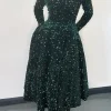 robe de cocktail mi longue plissée à paillettes, robe trapèze, manches longues, col rond, semi formel, grande taille, mode printemps, 2024
