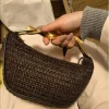 Pochette de luxe à poignée en métal pour femmes, sac à bandoulière tissé en rotin fait à la main, sacs de plage demi-lune, fourre-tout en paille spacieux