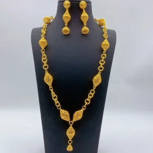 Ensemble de bijoux brésiliens plaqués or 24 carats pour femmes, Long collier, boucles d’oreilles, bijoux de mariée africaine nigériane de dubaï Ensemble de bijoux brésiliens plaqués or 24 carats pour femmes, Long collier, boucles d’oreilles, bijoux de mariée africaine nigériane de dubaï