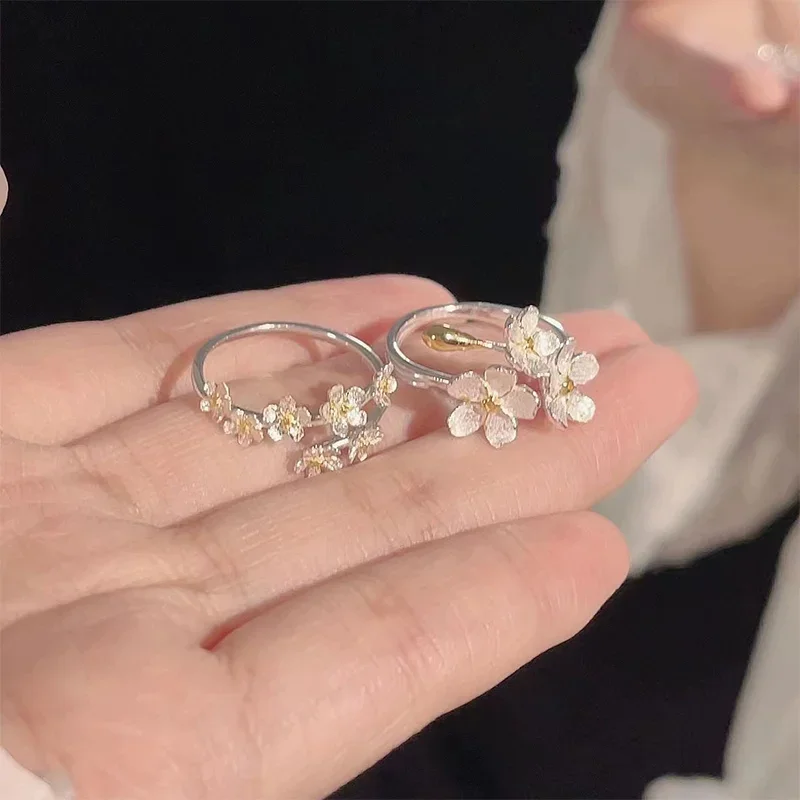 Bagues réglables à ouverture de fleur délicate pour femmes, couleur argent, minimaliste, bijoux fins de fiançailles, cadeau féminin