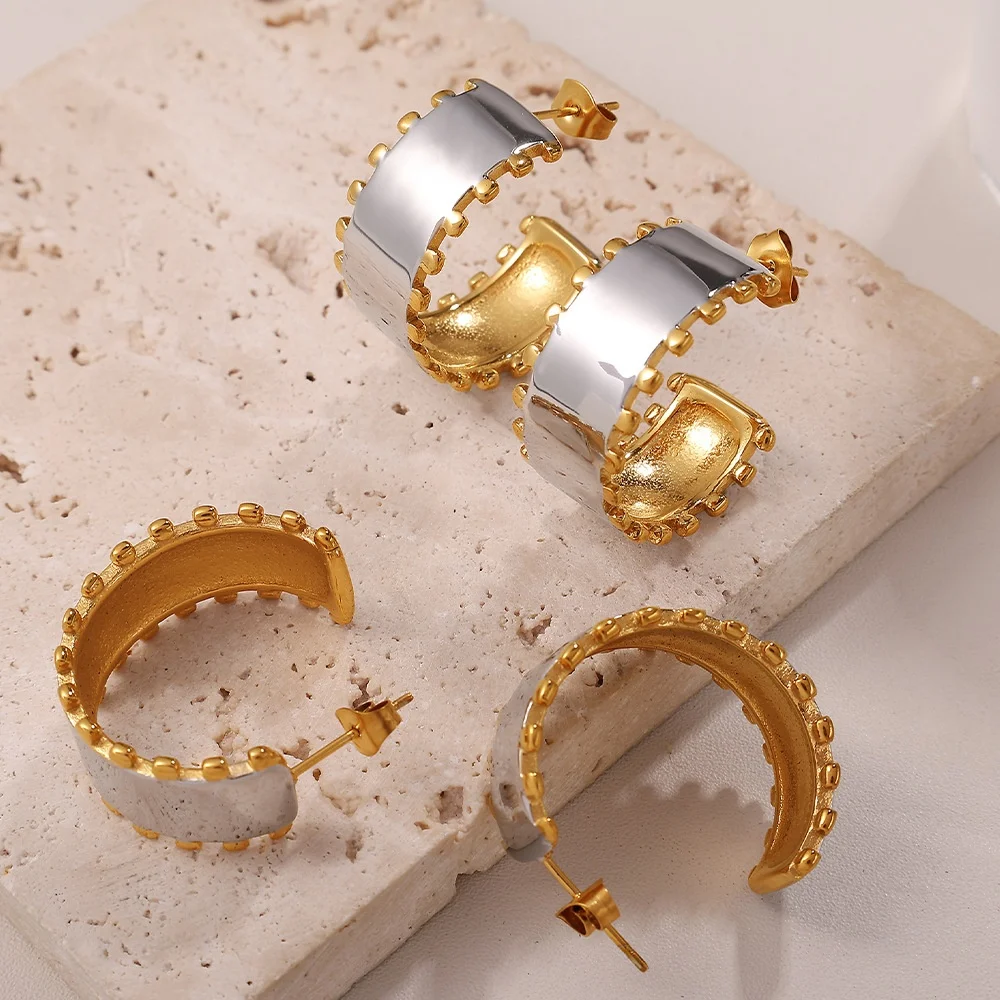 Ensemble de bijoux minimaliste en acier inoxydable, Bracelet ouvert bicolore, boucles d'oreilles, acier titane, accessoires épais, bijoux