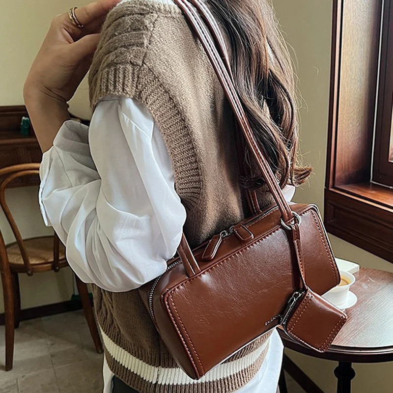 Sac à main marron en cuir PU pour femmes, petit sac texturé vintage, polyvalent, mode coréenne